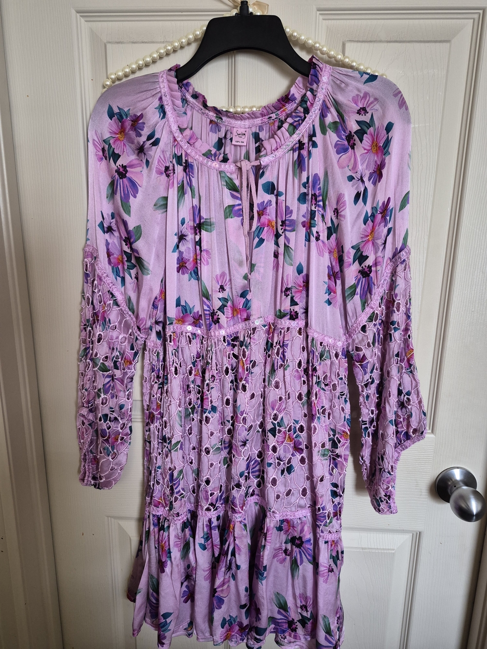 Size M Sunday Lavender Floral Crochet-Paneled Womens Dress